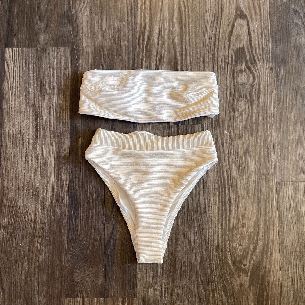 White & Gold High-Waisted Bikini Bottoms with Top